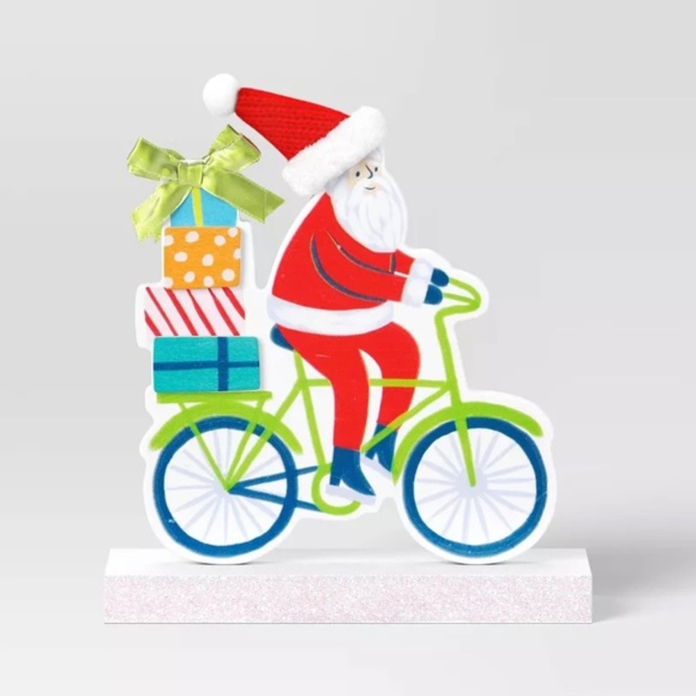 Wood Santa on Bicycle Christmas Figurine nwt